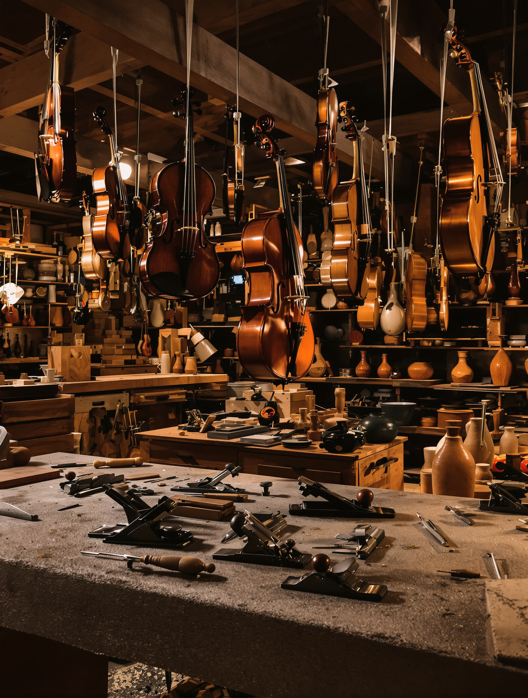 Vue intérieure d'un atelier de lutherie authentique. Des violons et violoncelles sont suspendus. Sur l'établi en bois, on voit des outils de précision (gouges, rabots miniatures, compas) disposés avec soin, évoquant le savoir-faire et la patience de l'artisan.