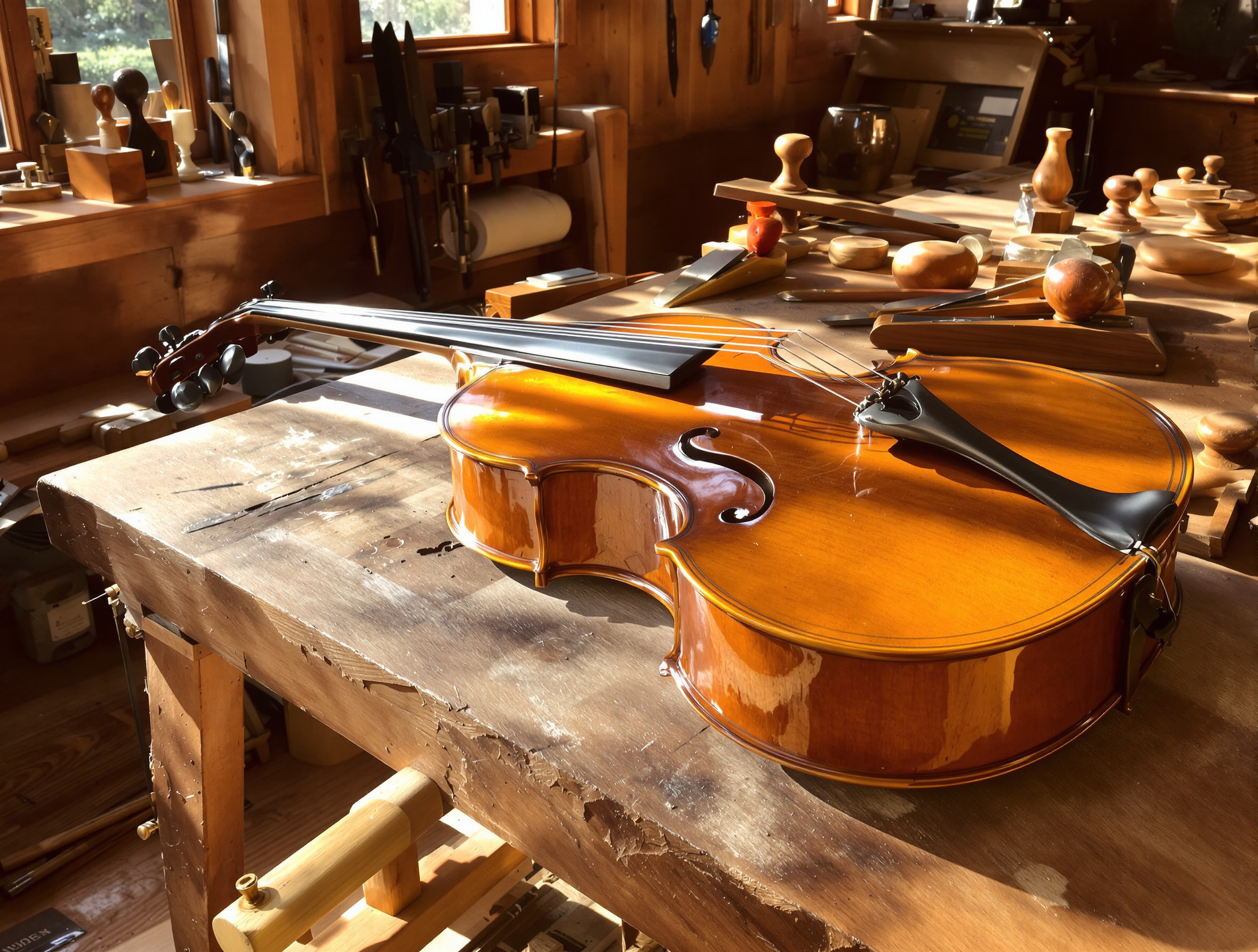 Atelier de luthier chaleureux, instrument ancien réparé posé sur l’établi, ambiance rassurante.