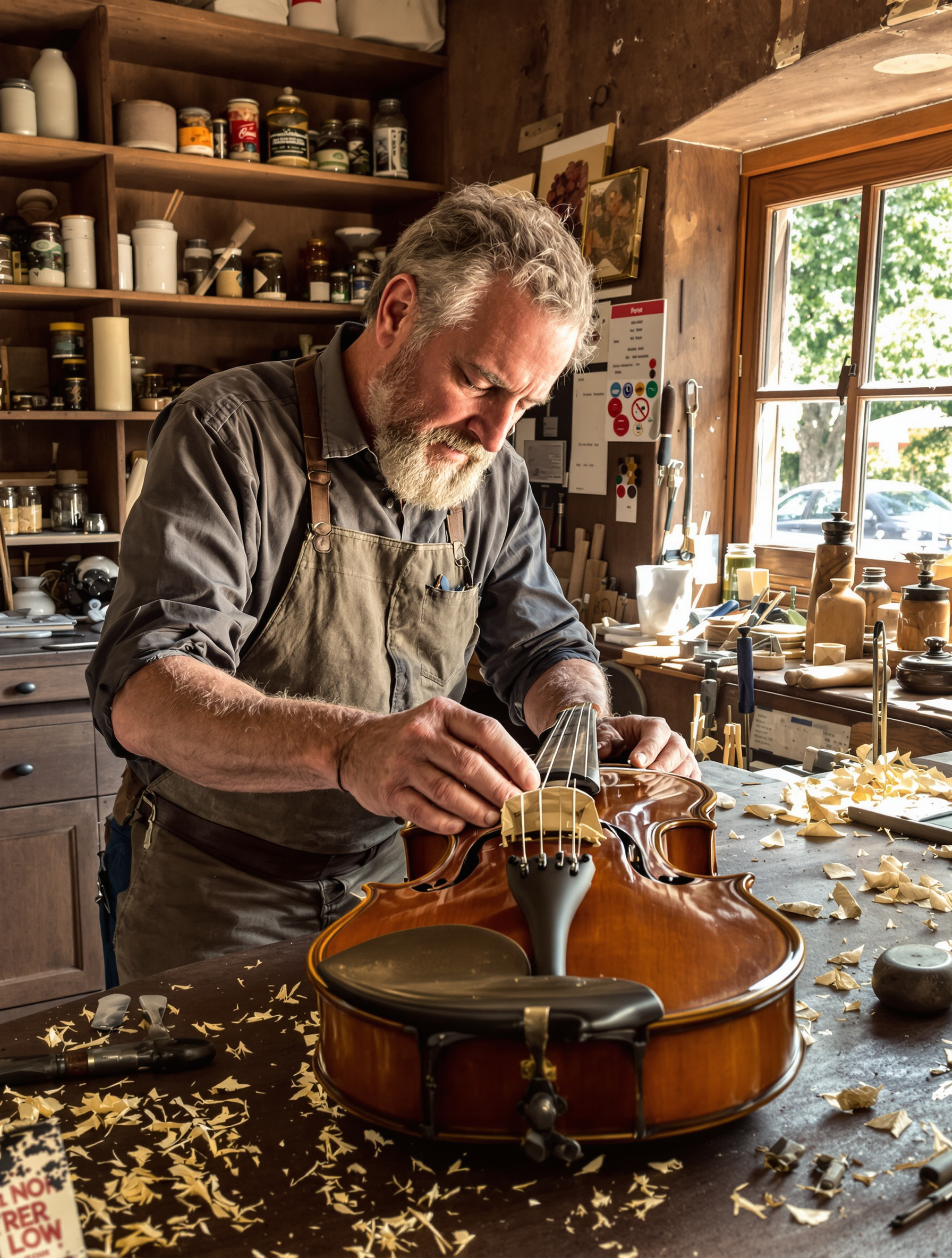 Atelier : un luthier évalue le coût de restauration d'un violon ancien, outils et bois patiné en arrière-plan.