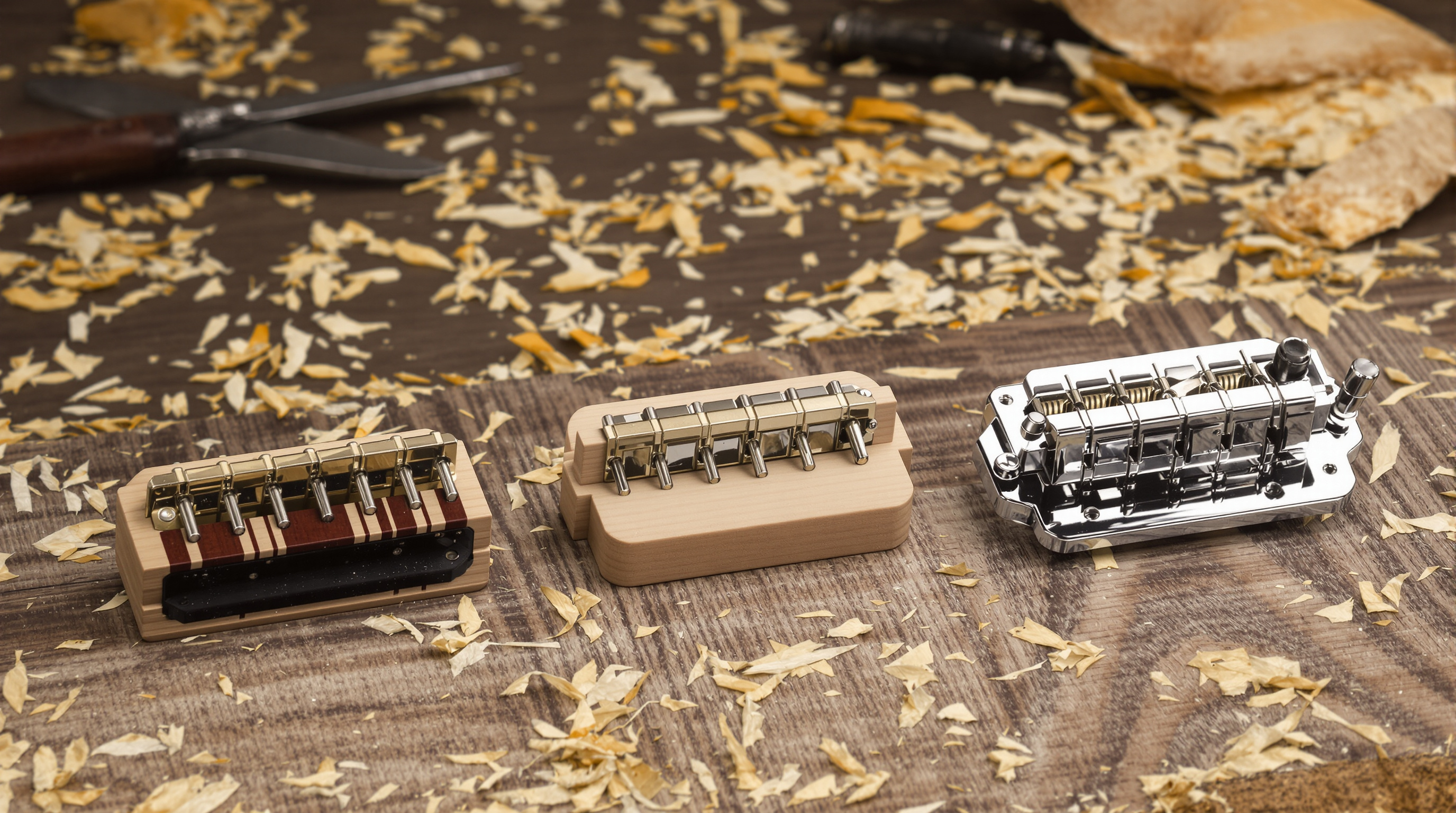 Trois types de chevalets sur un établi : collé folk en palissandre, flottant archtop érable et mécanique chromé Tune-o-Matic