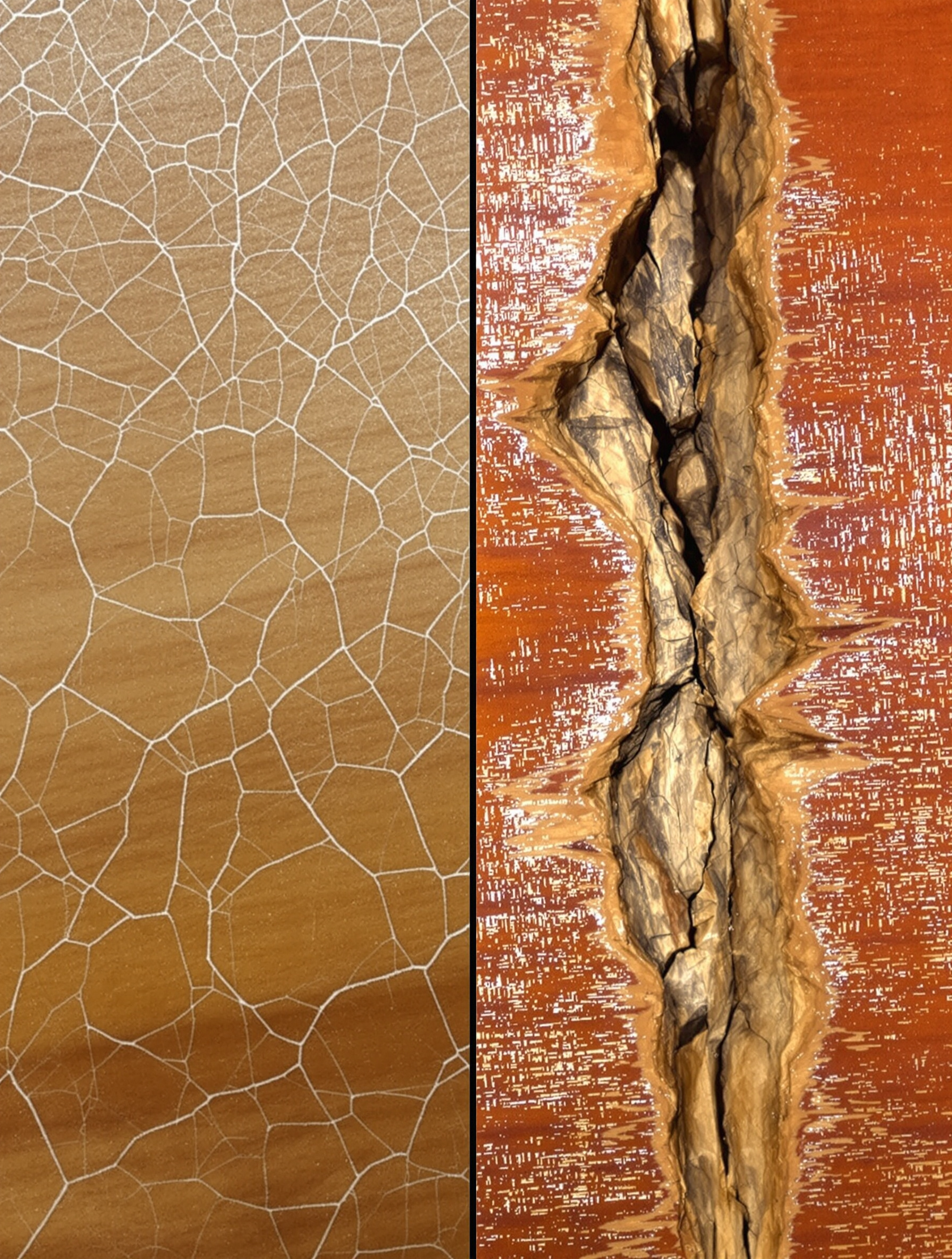 Comparaison visuelle entre une fissure superficielle dans le vernis et une fissure structurelle profonde dans le bois.