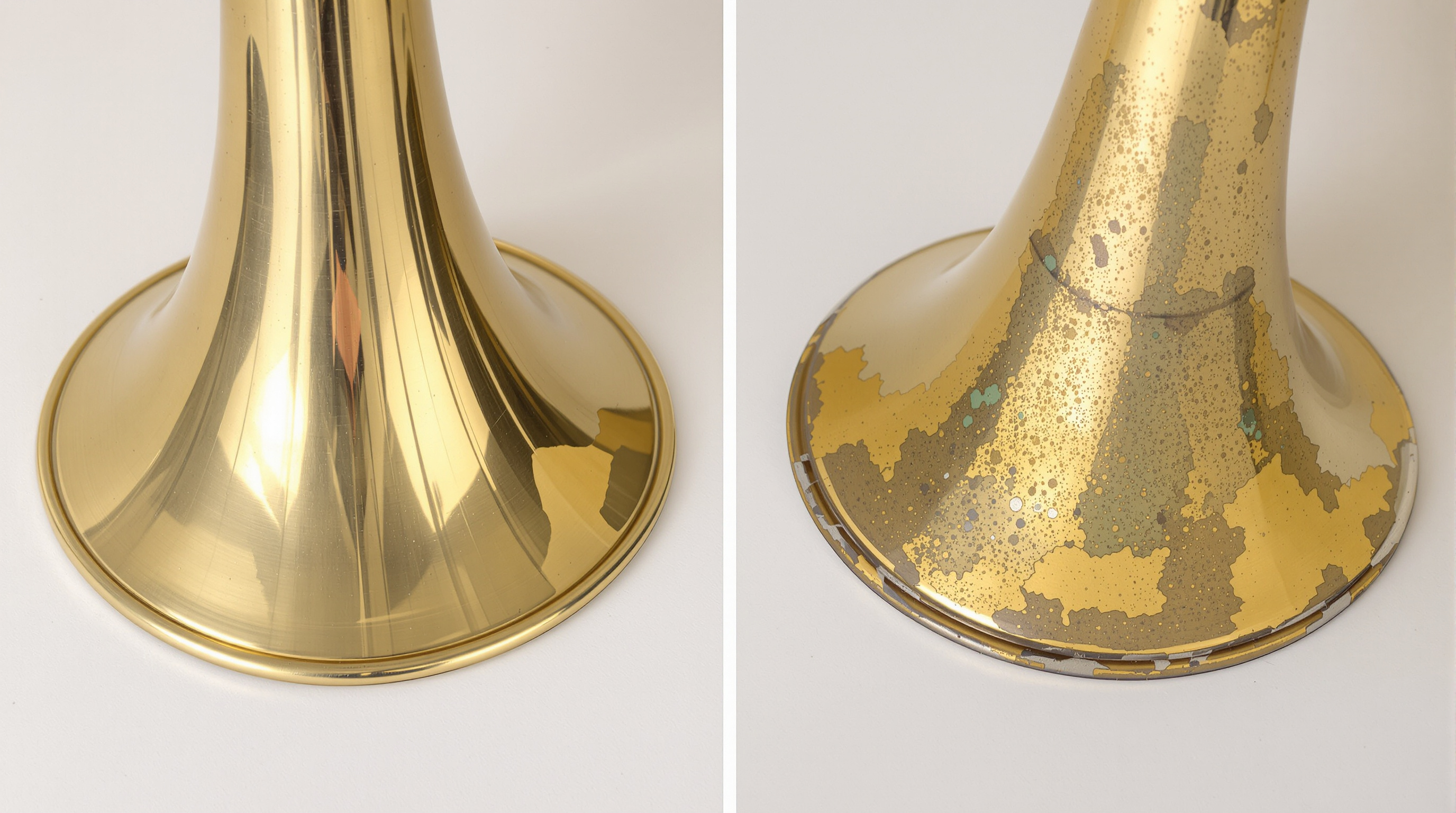 Comparaison visuelle entre le vernis intact d'une trompette régulièrement essuyée et les ravages de la corrosion (points verdâtres) sur un instrument négligé, où les traces de doigts ont attaqué la laque protectrice.