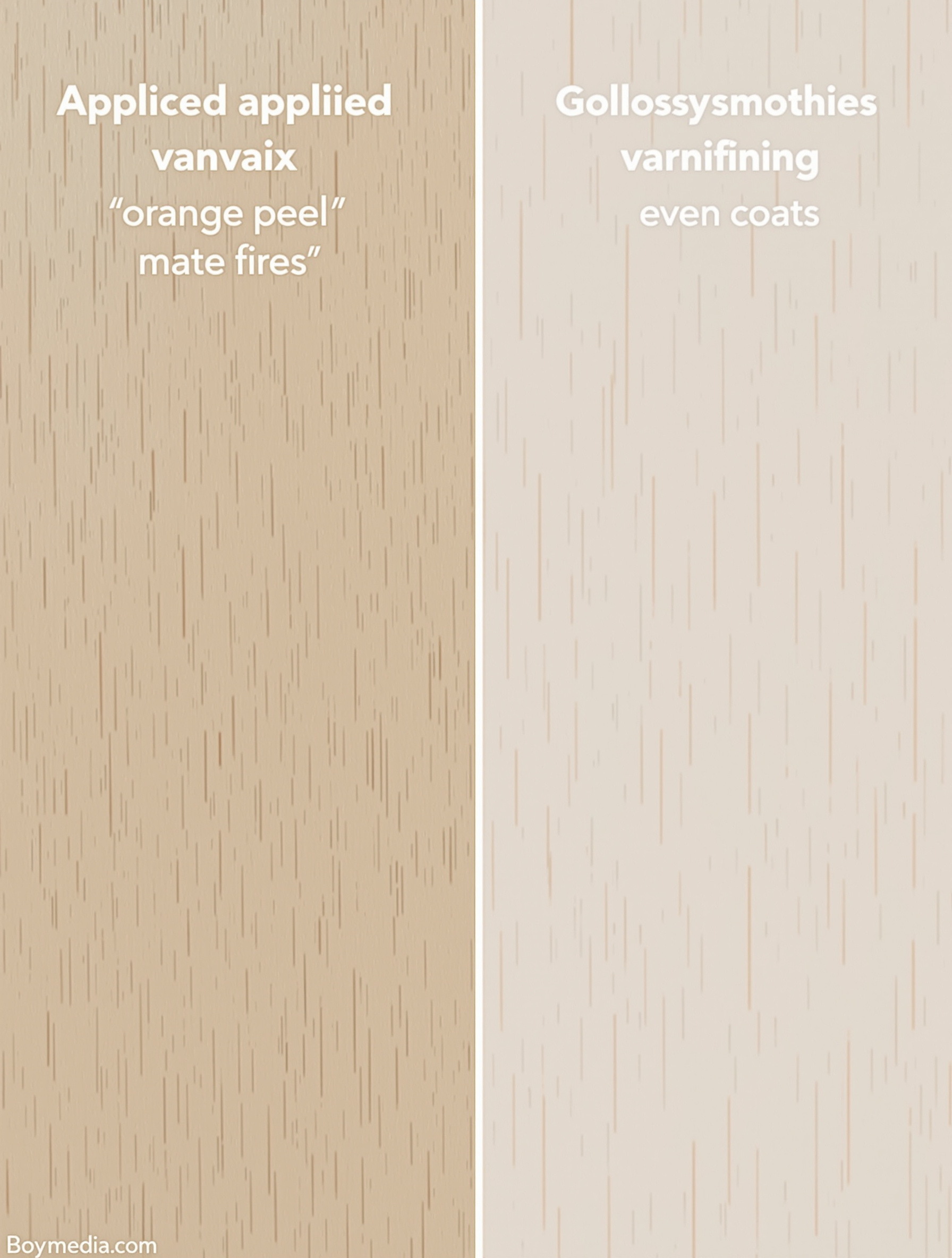 Comparaison de deux échantillons de bois vernis : à gauche, texture 'peau d'orange' et reflets inégaux ; à droite, surface lisse et brillante grâce à des couches fines.