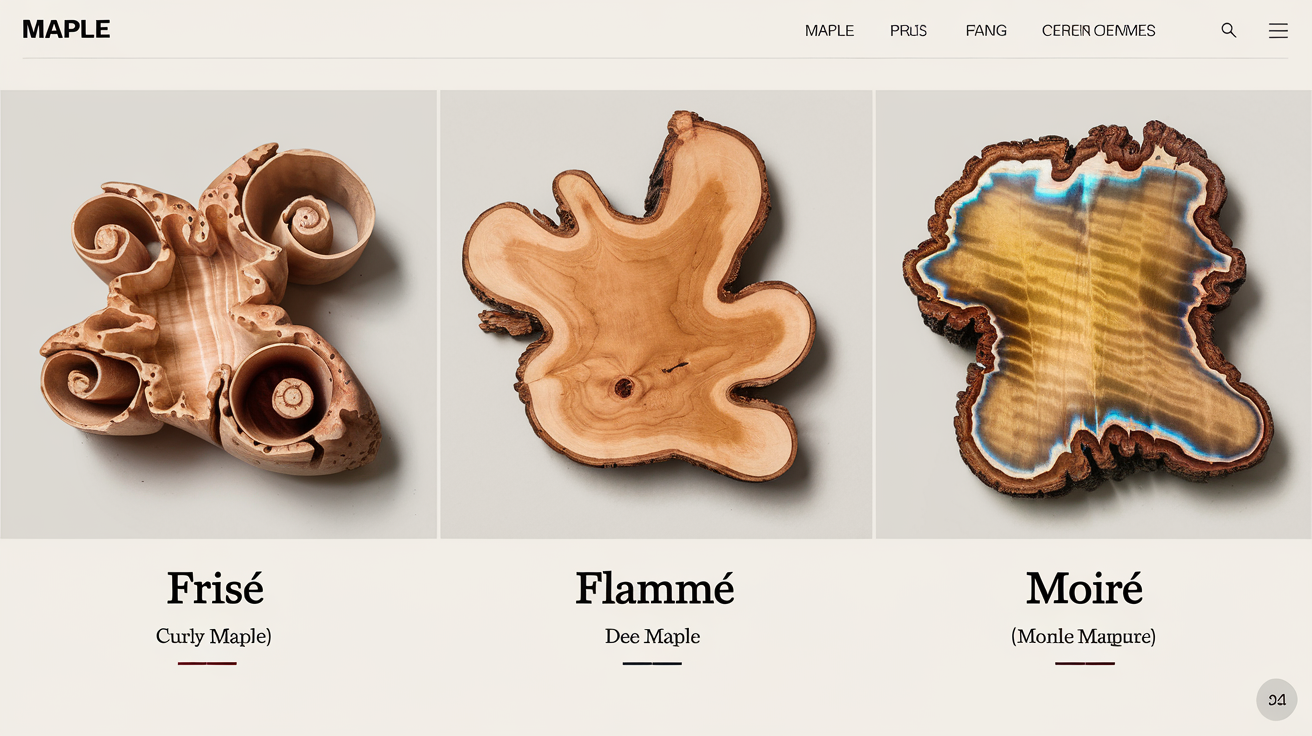 Comparatif visuel : érable frisé (ondes serrées), flammé (flammes larges) et moiré (effet chatoyant).