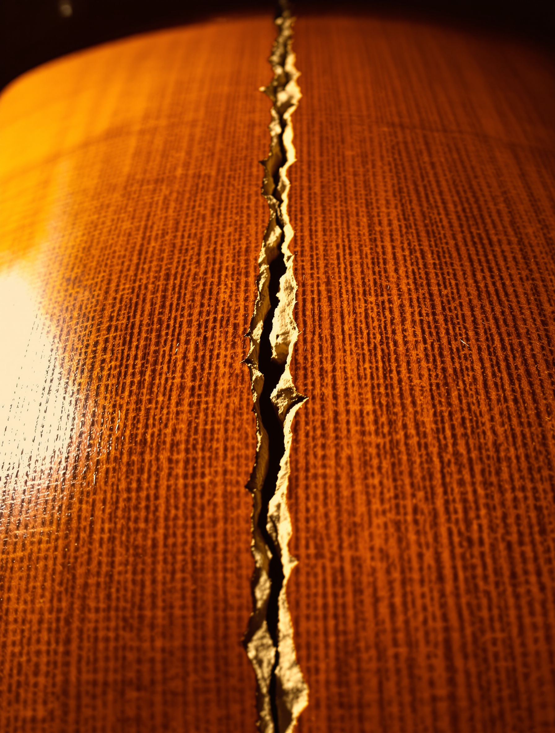 Dégâts causés par un bois desséché : fente sur une table de violoncelle due à un hivernage près d’un chauffage, nécessitant une intervention experte.