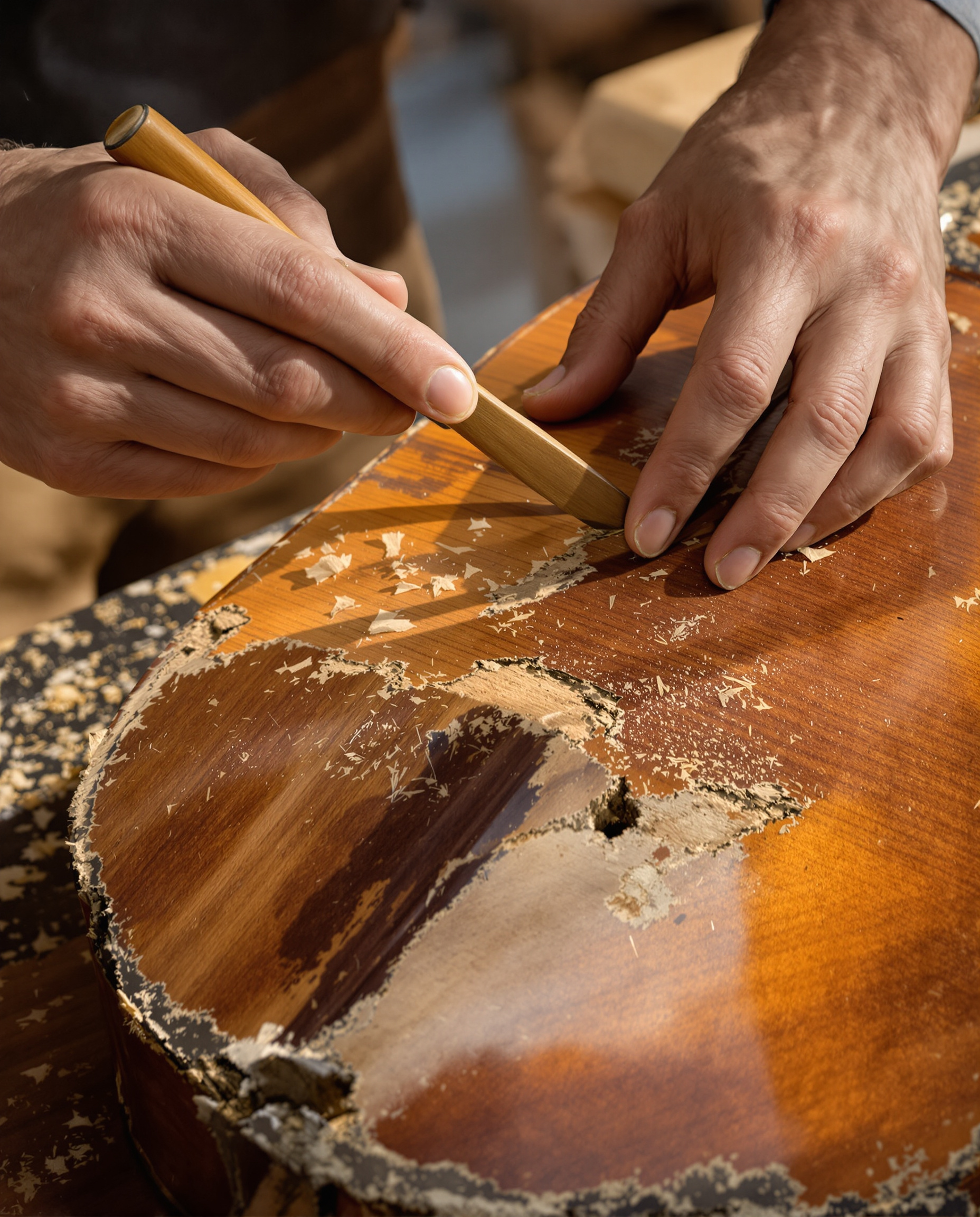 Gros plan sur les mains d'un luthier travaillant avec des outils traditionnels sur la table d'harmonie d'un violoncelle ancien