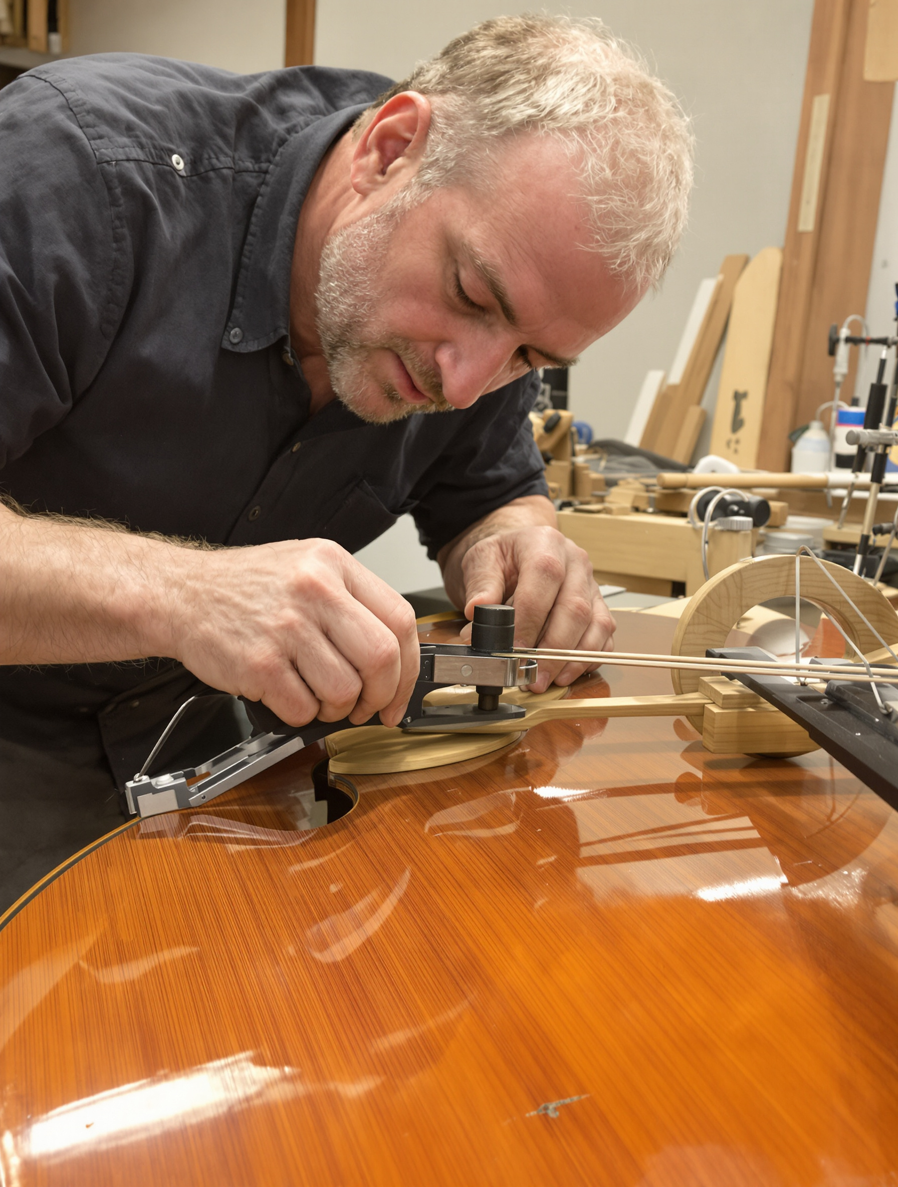 Ajustage minutieux des pieds d’un chevalet de contrebasse par un luthier concentré, instrument couché sur le flanc.