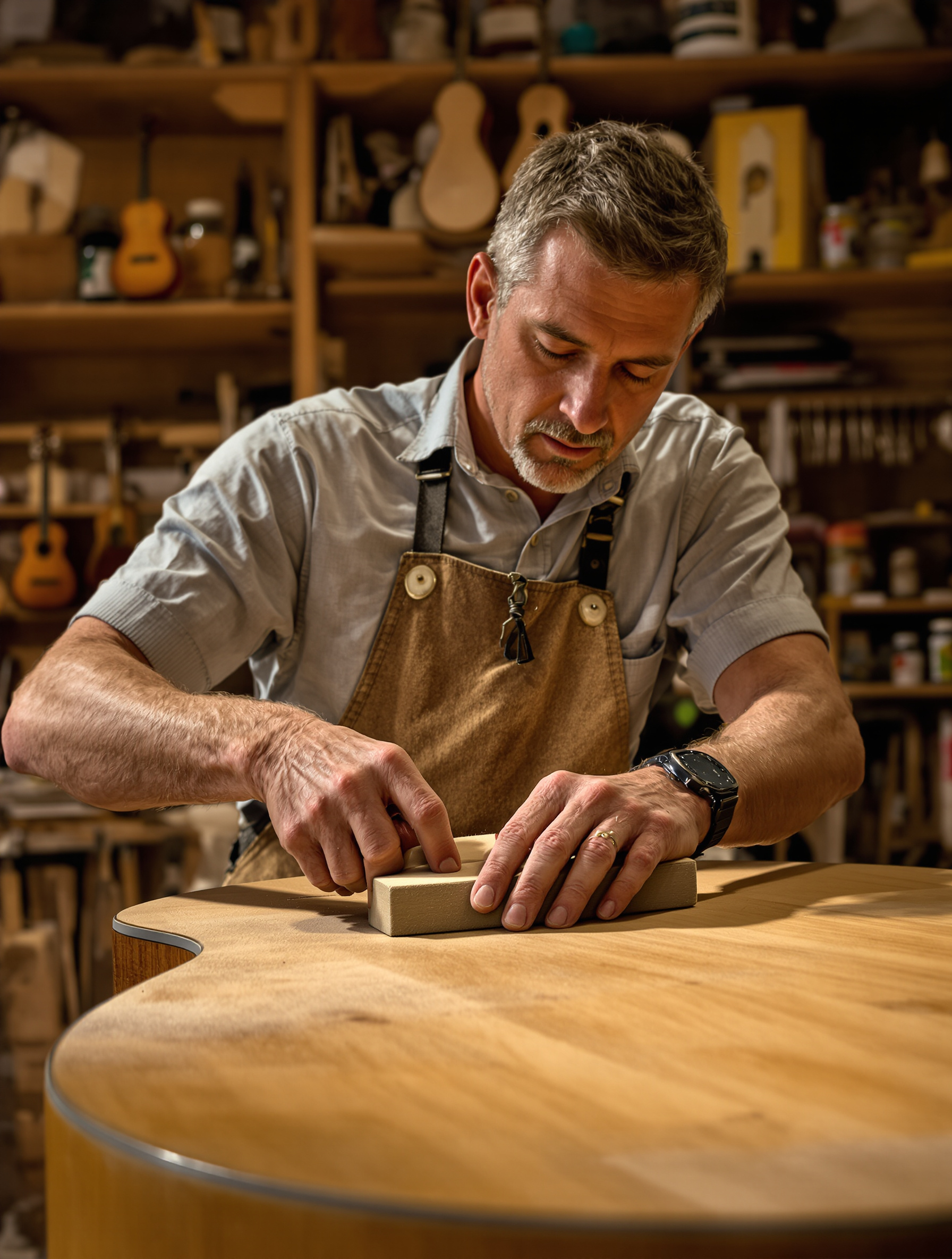 Un luthier prépare minutieusement à la cale une table d’harmonie avant vernissage.