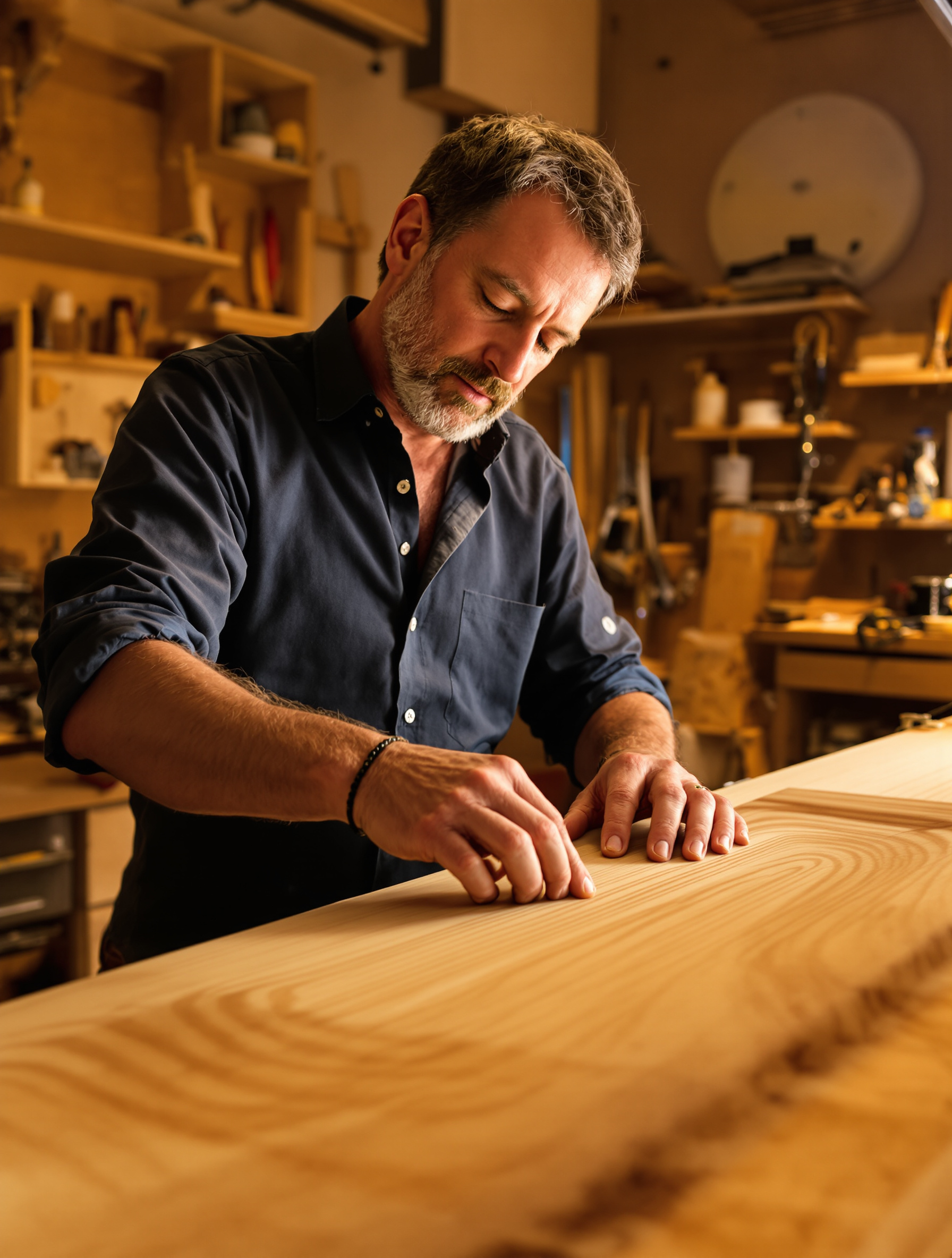 Un luthier inspecte la fibre d'une table d'harmonie en épicéa dans la lumière rasante de son atelier