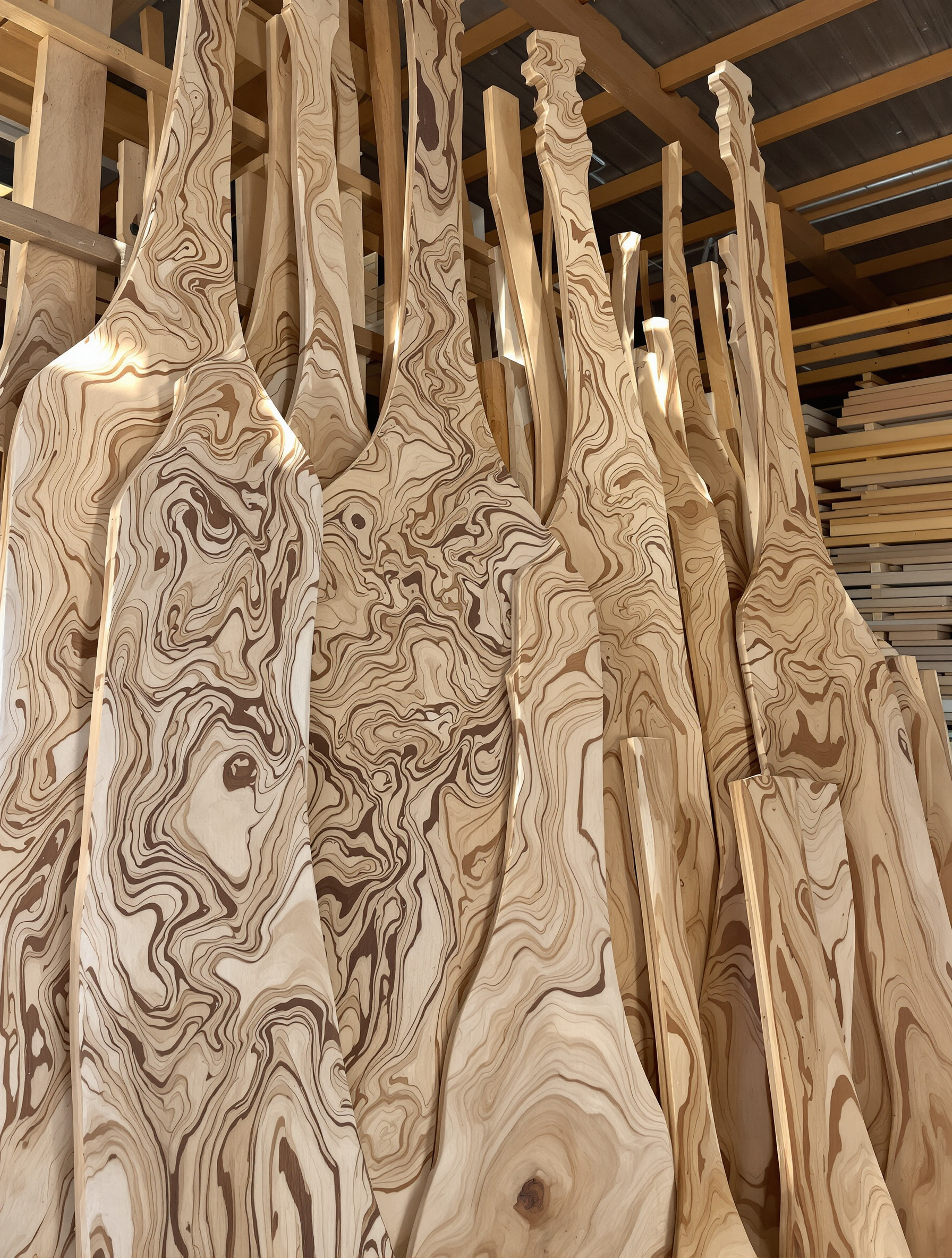 Stock de pièces d'érable ondé chez un fournisseur spécialisé en bois de lutherie.