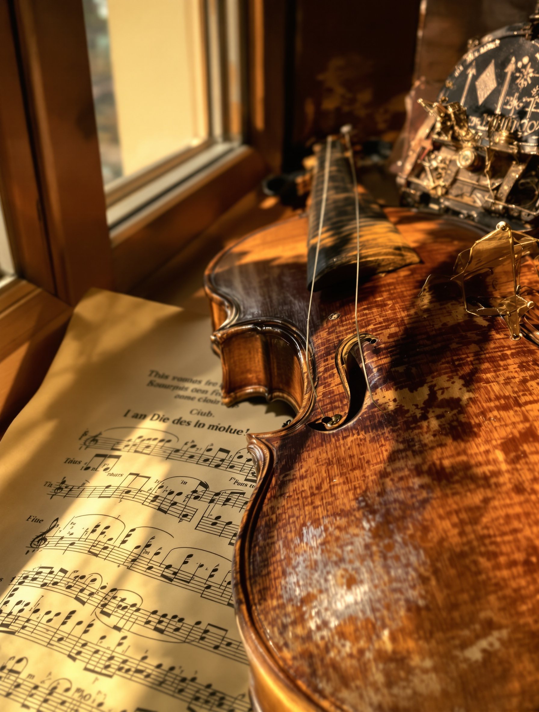 Un vieux violon au vernis patiné posé sur une partition ancienne, près d'une fenêtre laissant entrer une lumière douce et chaleureuse. L’ambiance intime et nostalgique souligne la connexion émotionnelle et l’histoire de l’instrument au-delà de sa valeur financière.