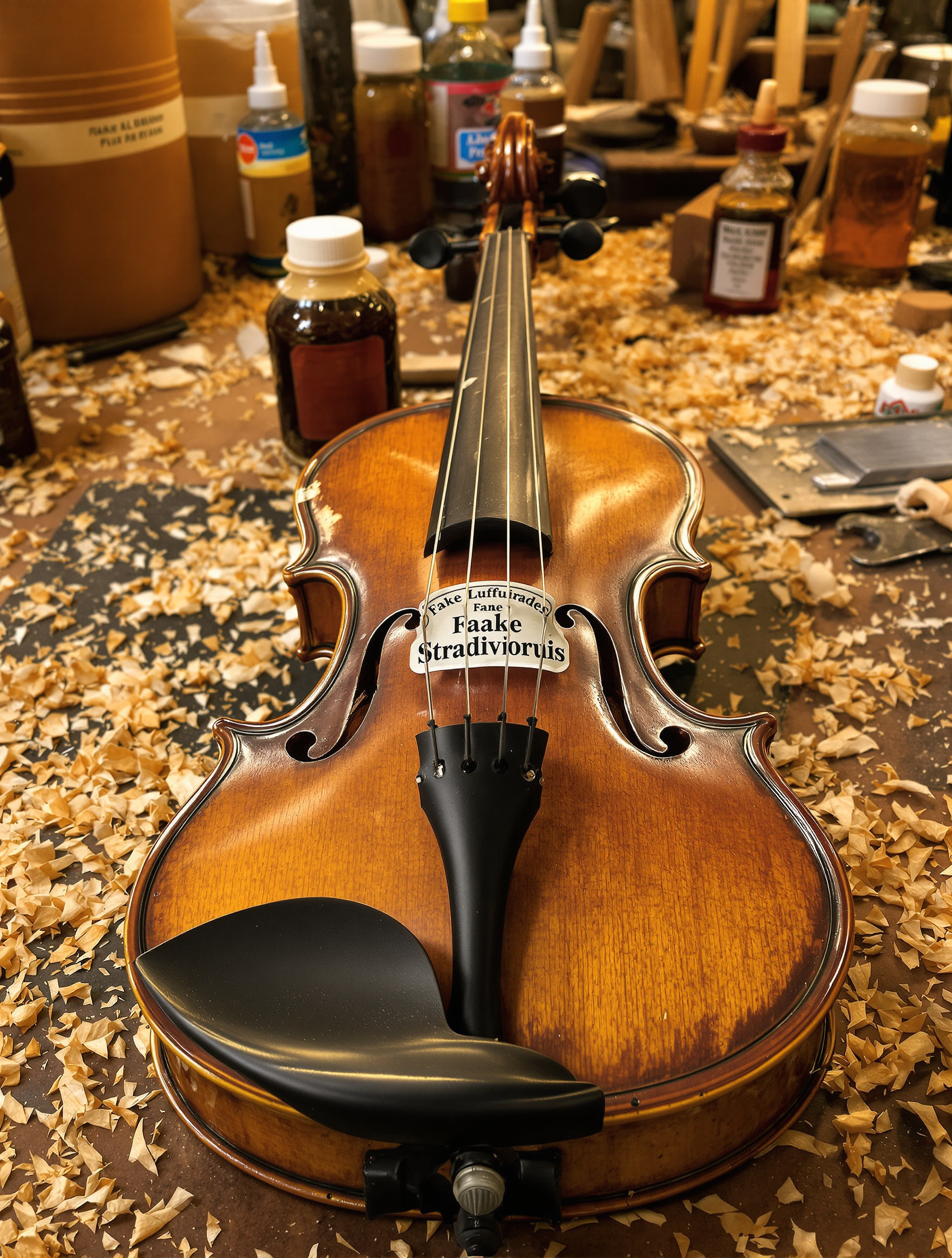Fausse étiquette Stradivarius sur un violon ancien posé sur l'établi