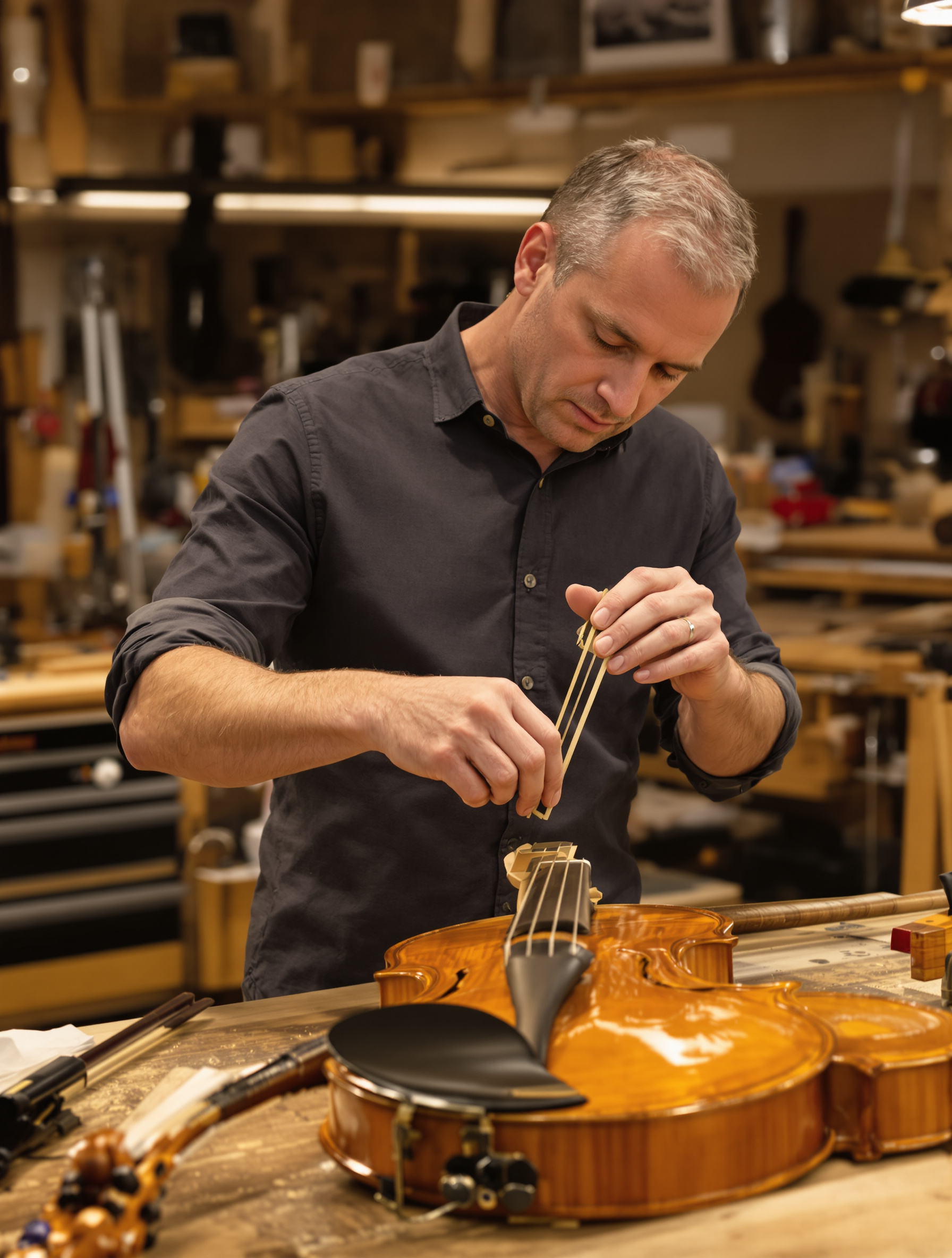 Vérification de l’angle du chevalet après accordage sur violon